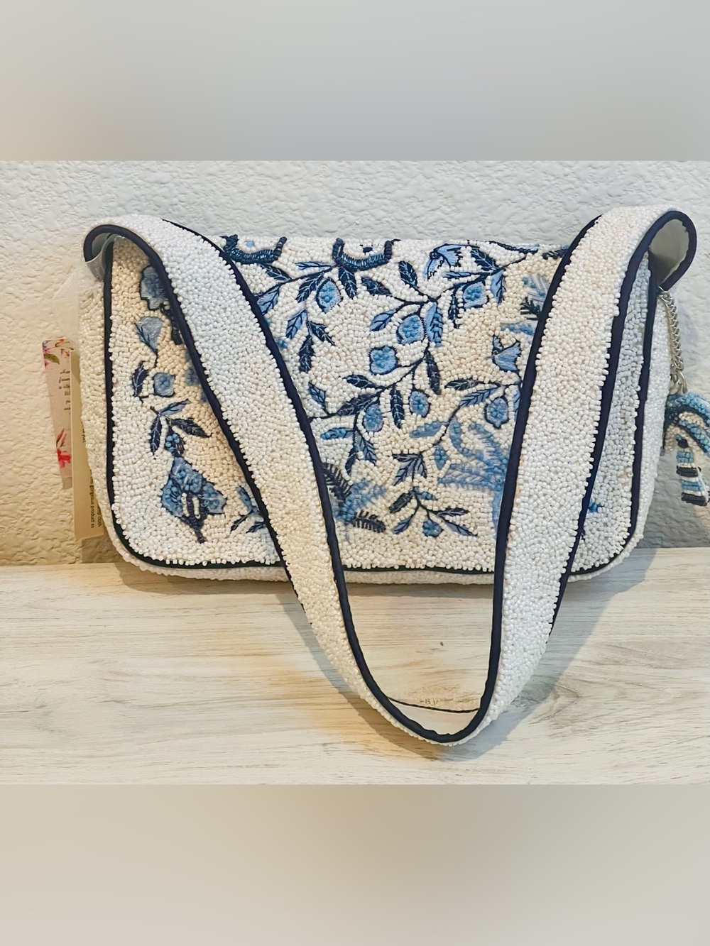 Beaded Floral Palm Tree Bag White and Blue Viral TikTok New - Picture 4 of 10